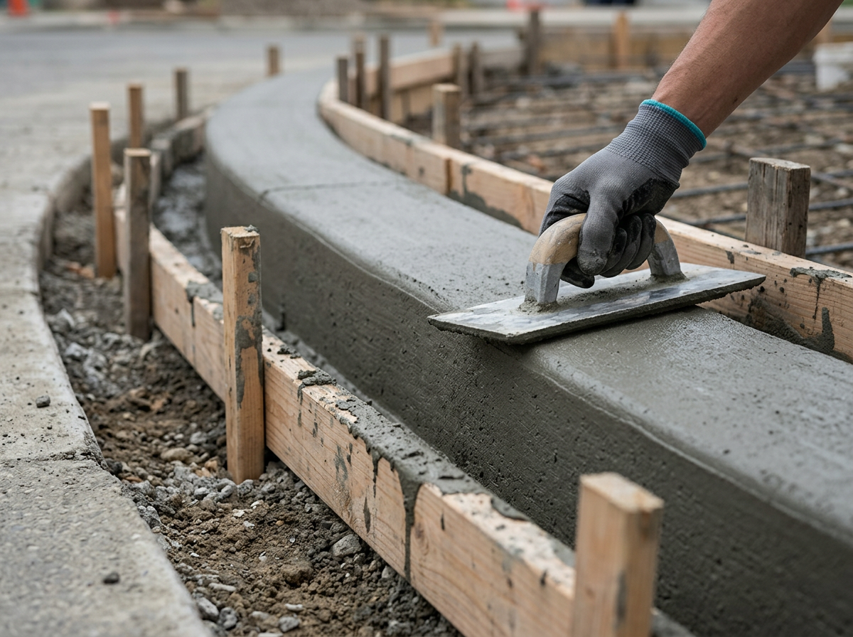 Worker pouring and finishing a fresh concrete curb at an apartment property
