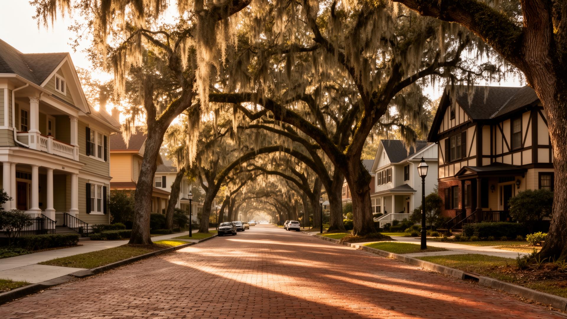 Historic Riverside neighborhood with live oaks and Spanish moss