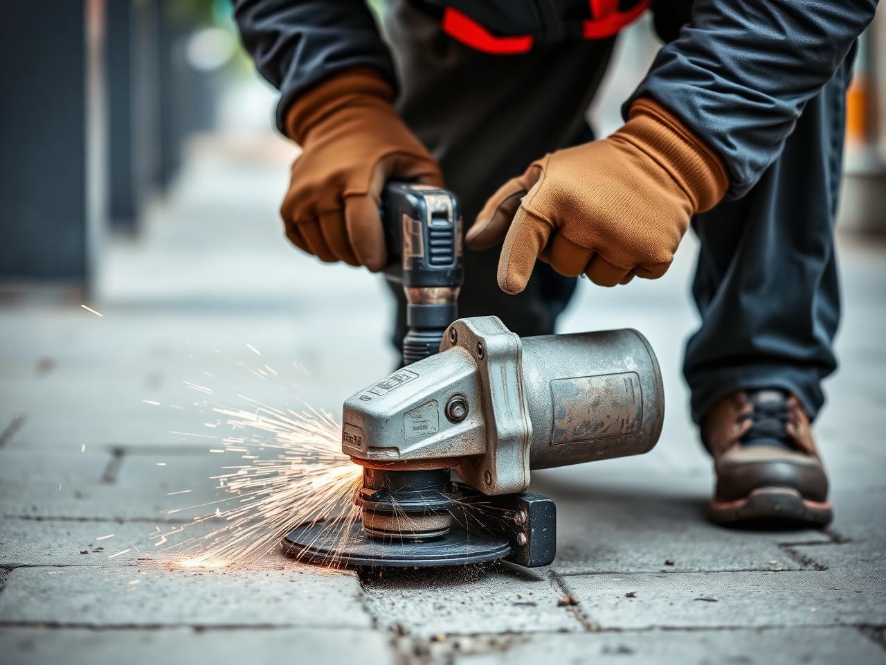 Worker grinding down a concrete sidewalk trip hazard with sparks